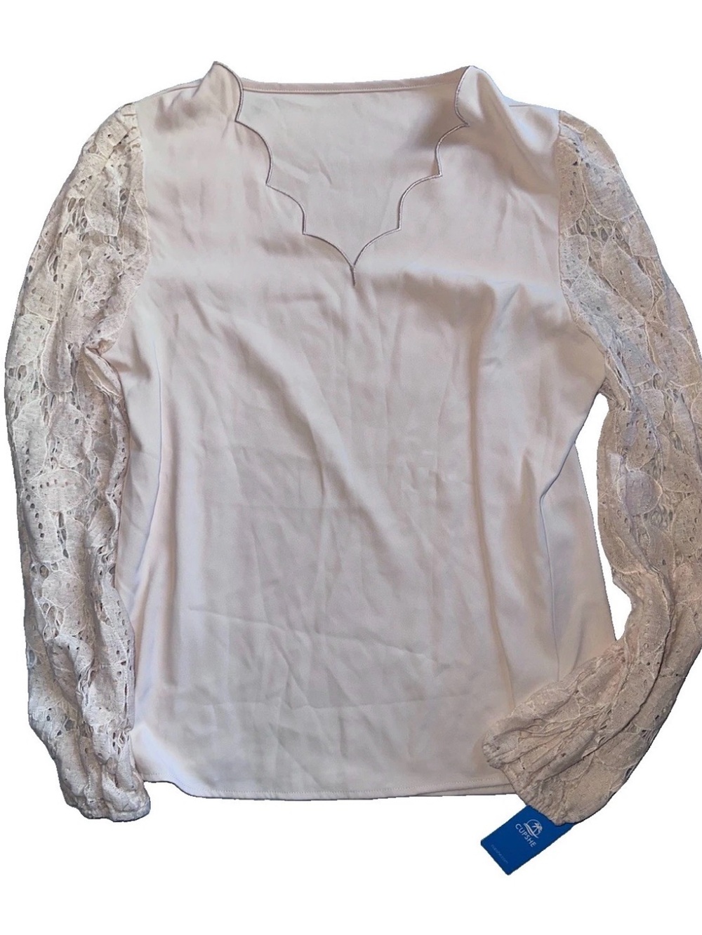 Cupshe Cream Scalloped Neck Lace-Sleeve Blouse - Picture 2 of 5